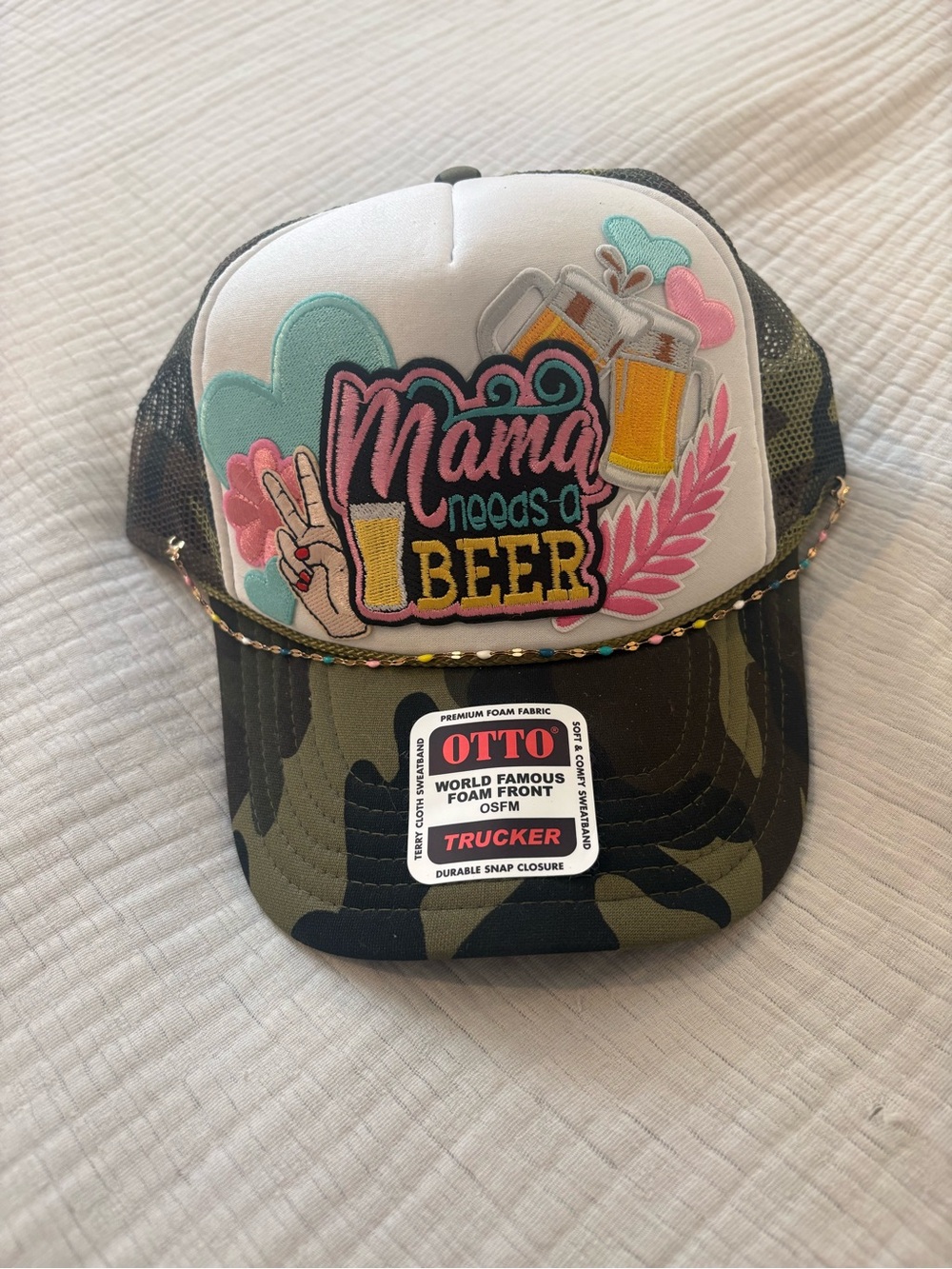 OTTO Trucker Hat - 'Mama Needs a Beer' Patch - Camouflage & White